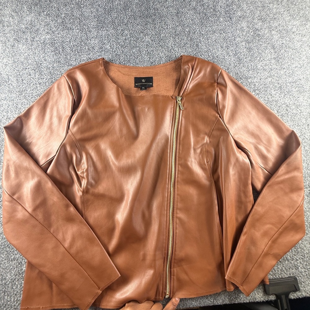 Worthington Cognac Faux Leather Asymmetrical Zip Collarless Jacket XL NWT
